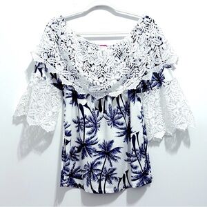 Women’s White Tropical Ruffled Palm Tree Lace Floral Crochet 3/4 Sleeve Top